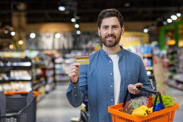 A young adult man holding a credit card and a basket full of fresh produce, ready for checkout at a...