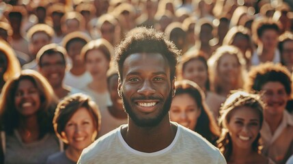 smiling man standing out from large crowd of people, happy individual in cheerful gathering