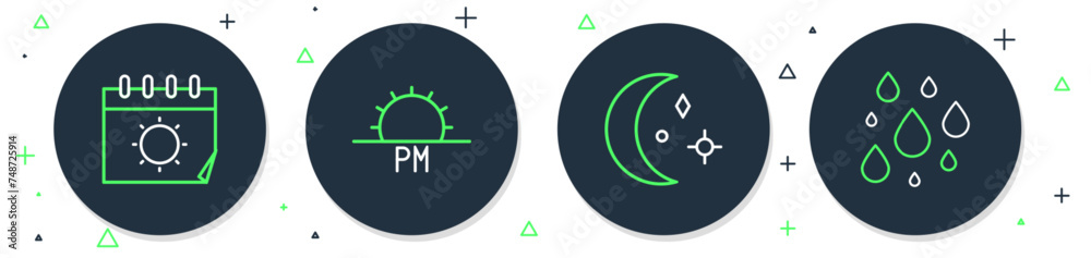 Poster Set line Sunset, Moon and stars, Calendar sun and Water drop icon. Vector