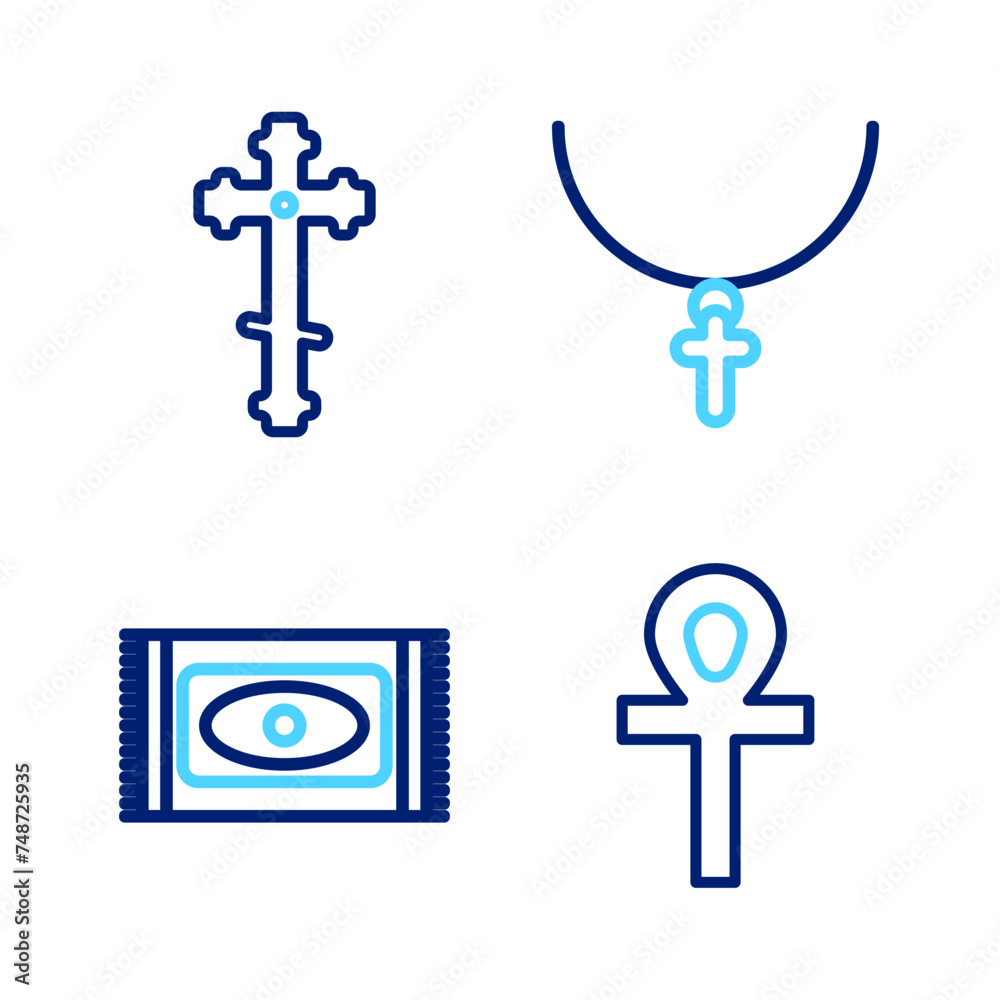 Poster Set line Cross ankh, Traditional carpet, Christian cross chain and icon. Vector