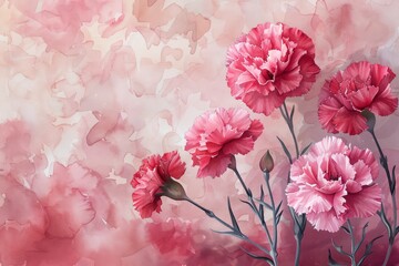 Watercolor carnations flowers for Mother's Day backdrop with space text area