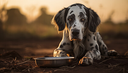 sad dog eats from a bowl. - obrazy, fototapety, plakaty