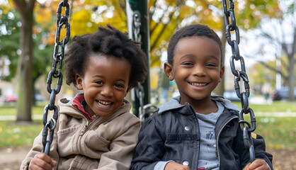 Two African American children with happy faces playing on the swing in a public park. Happy kids playing in the park