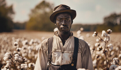 Early twenties black slave in a Mississippi cotton field in 1900 looking at camera. Portrait of a Young Black Worker. - obrazy, fototapety, plakaty