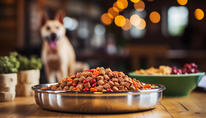 dog food in a special dog bowl with a blurred dog background. 