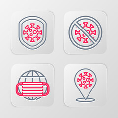 Set line Corona virus 2019-nCoV on location, Earth with medical mask, Stop and Shield protecting from icon. Vector