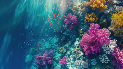 An underwater view showcasing a vibrant and diverse coral reef teeming with marine life and colorful corals