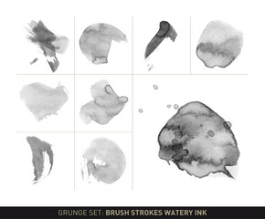 Grunge set: Brush strokes watery ink in grayscale vectorized