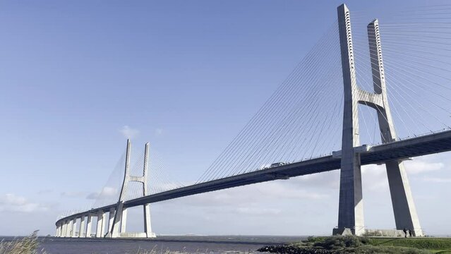 Vasco da Gama bridge, Ponte Vasco da Gama, cable-stayed with viaducts going across the Tagus river, sea of straw, in Parque das Na&ccedil;&otilde;es, Lisbon, Lisboa, Portugal. Longest bridge in Europe
