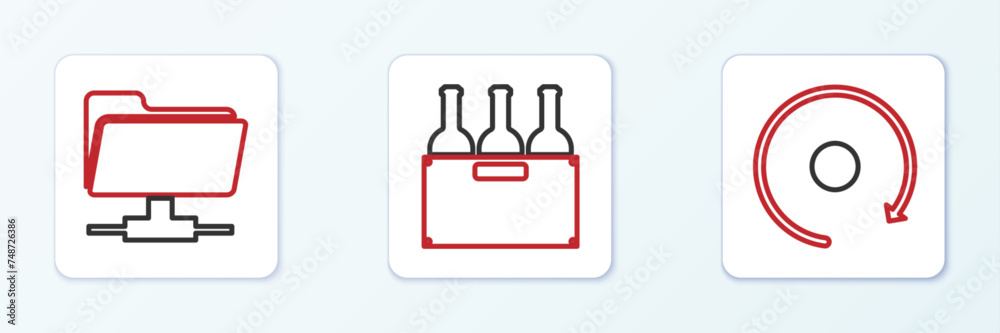 Poster set line video play button, ftp folder and bottles of wine in box icon. vector