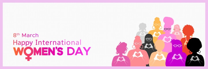 Happy women's day. Diversity of womens background. March 8, Happy international women's day text. - obrazy, fototapety, plakaty