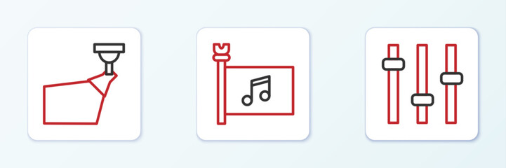 Set line Music equalizer, Movie spotlight and festival flag icon. Vector