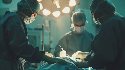 proficient plastic surgeons in scrubs conducting breast implant operation, experienced team of medical professionals executing precise surgical procedure in modern operating room