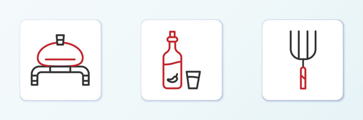 Set line Garden pitchfork, Bread and salt and Vodka with pepper glass icon. Vector