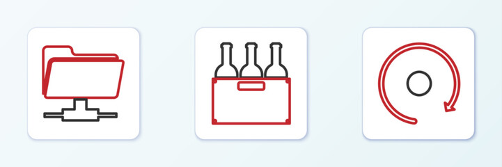 Set line Video play button, FTP folder and Bottles of wine in box icon. Vector