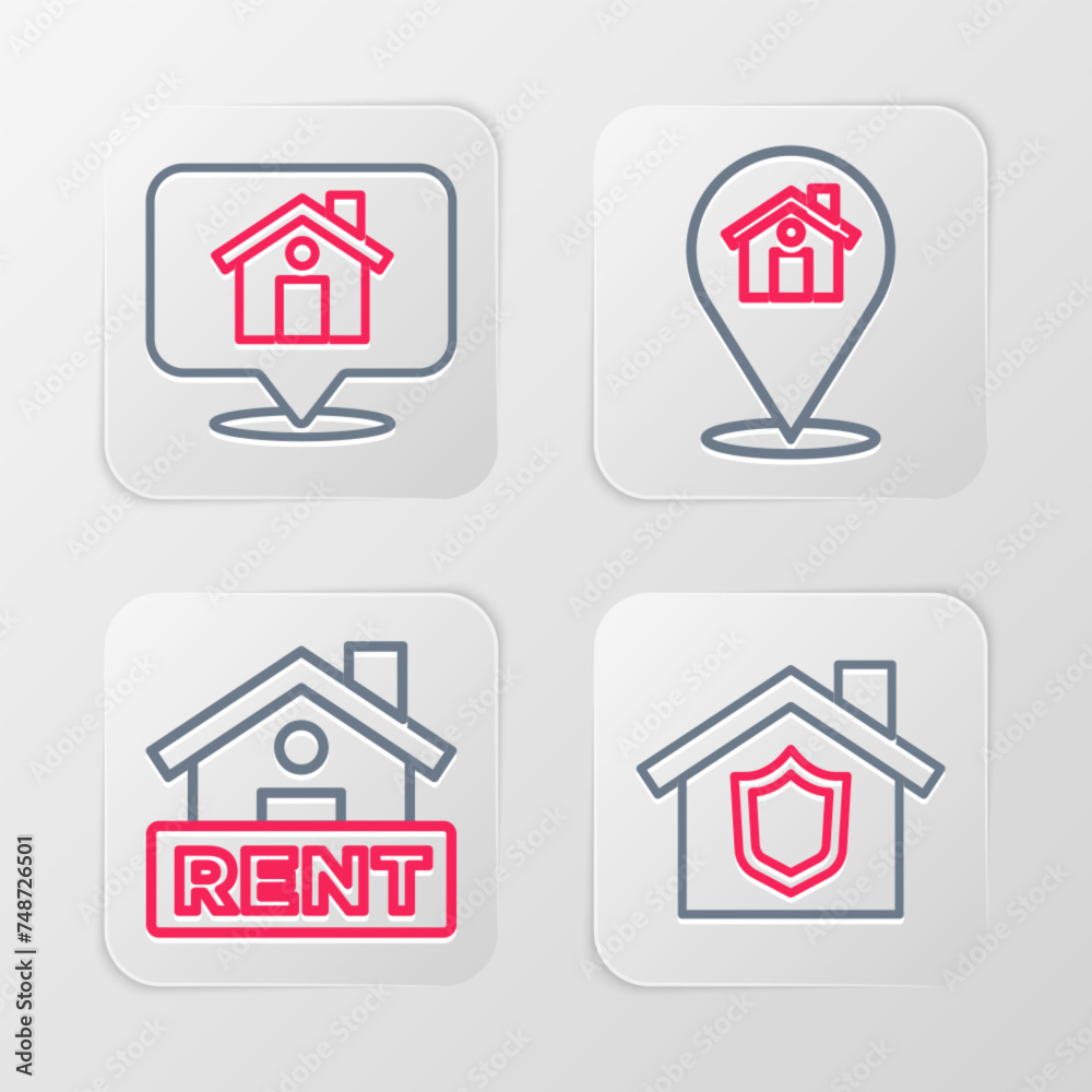 Sticker Set line House with shield, Hanging sign Rent, Location house and icon. Vector