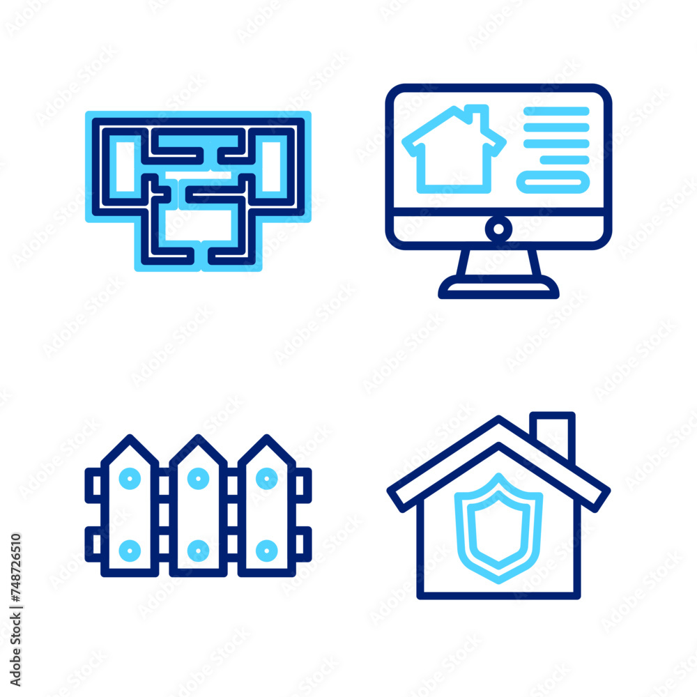 Poster set line house with shield, garden fence wooden, online real estate house and plan icon. vector