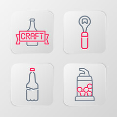 Set line Bottle opener, Plastic beer bottle, and Beer icon. Vector