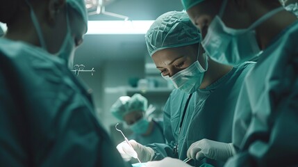 surgeons working in operating room performing plastic surgery procedure for breast implant, professional team of doctors in scrubs at surgical operation theater - obrazy, fototapety, plakaty