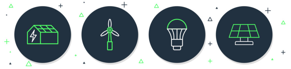 Set line Wind turbine, LED light bulb, Solar energy panel and icon. Vector © vector_v