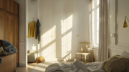 A simple bedroom featuring a bed and a closet. The room is organized and functional