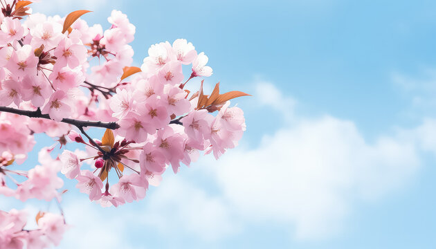 Blooming pink cherry blossoms on the background of the sky