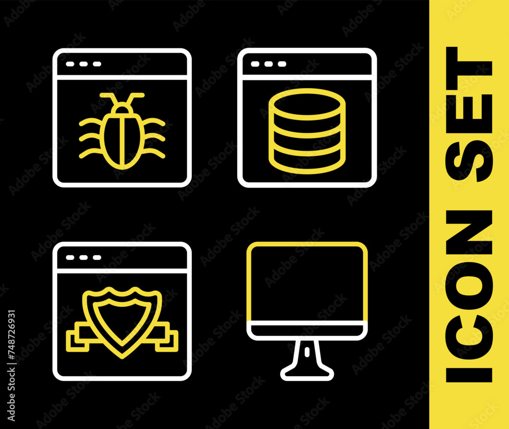 Poster set line server, data, web hosting, computer monitor screen, browser with shield and system bug icon