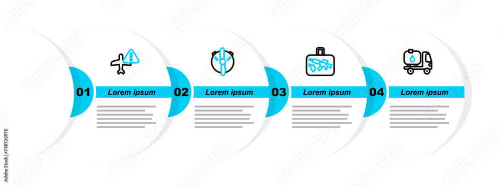 Sticker set line fuel tanker truck, suitcase, plane propeller and warning aircraft icon. vector