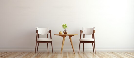 Two wooden chairs are placed on a wooden floor beside a dining table in a room with a white wall. The chairs and table are simple in design, creating a minimalist and functional setting.
