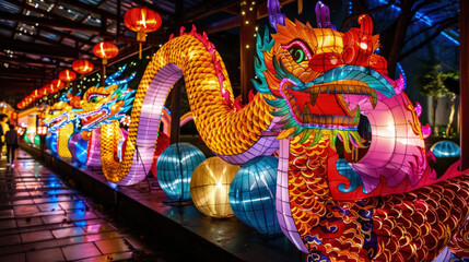 A row of dragon statues illuminated by bright lights, creating a striking visual display