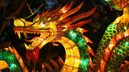 A dragon lantern glowing brightly in the dark, casting a warm light