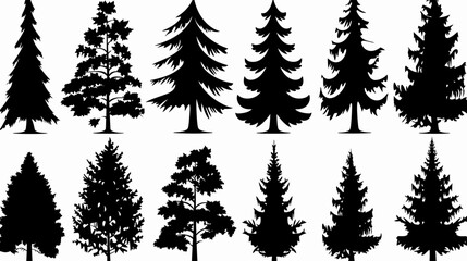 The dark outline of a forest's deciduous and coniferous fir trees vector silhouettes isolated in side view with a thick outline set   - obrazy, fototapety, plakaty