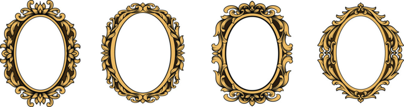 Set of gold oval vintage frames with classic engraving ornament. Swirl, flourish, victorian, damask, arabesque, filigree floral element border frame collection vector illustration