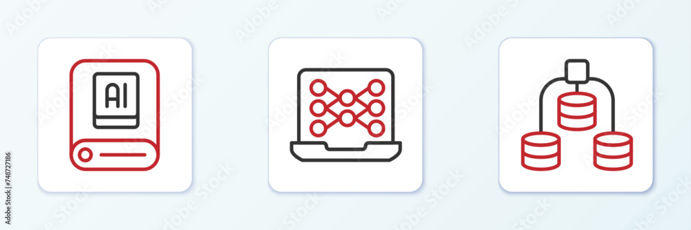 Poster set line server, data, artificial intelligence ai and neural network icon. vector