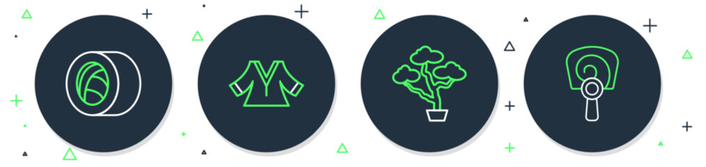 Set line Kimono, Bonsai tree, Sushi and Korean hand fan icon. Vector
