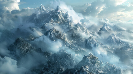 A birds eye view of a mountain range engulfed in dense clouds, creating a mystical and dramatic landscape - Powered by Adobe