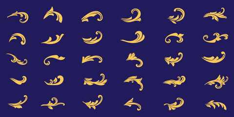 Set of golden Flourishes Calligraphic Ornaments. Swirl Gold Vintage Decorations Elements. Baroque,  Arabesque, damask, victorian, floral leaf pattern, Filigree elegant ornamental.