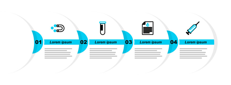 Set line Syringe, Clipboard with blood test, Test tube or flask and Customer attracting icon. Vector