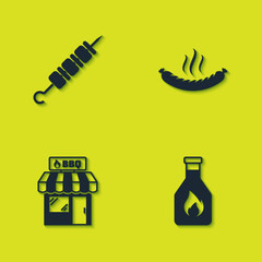 Set Grilled shish kebab, Ketchup bottle, Barbecue shopping building and Sausage icon. Vector