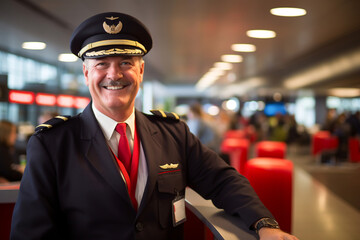 A smiling pilot stands in the airport, ready for boarding. Bright, confident, and professional, he's the epitome of air travel reliability.