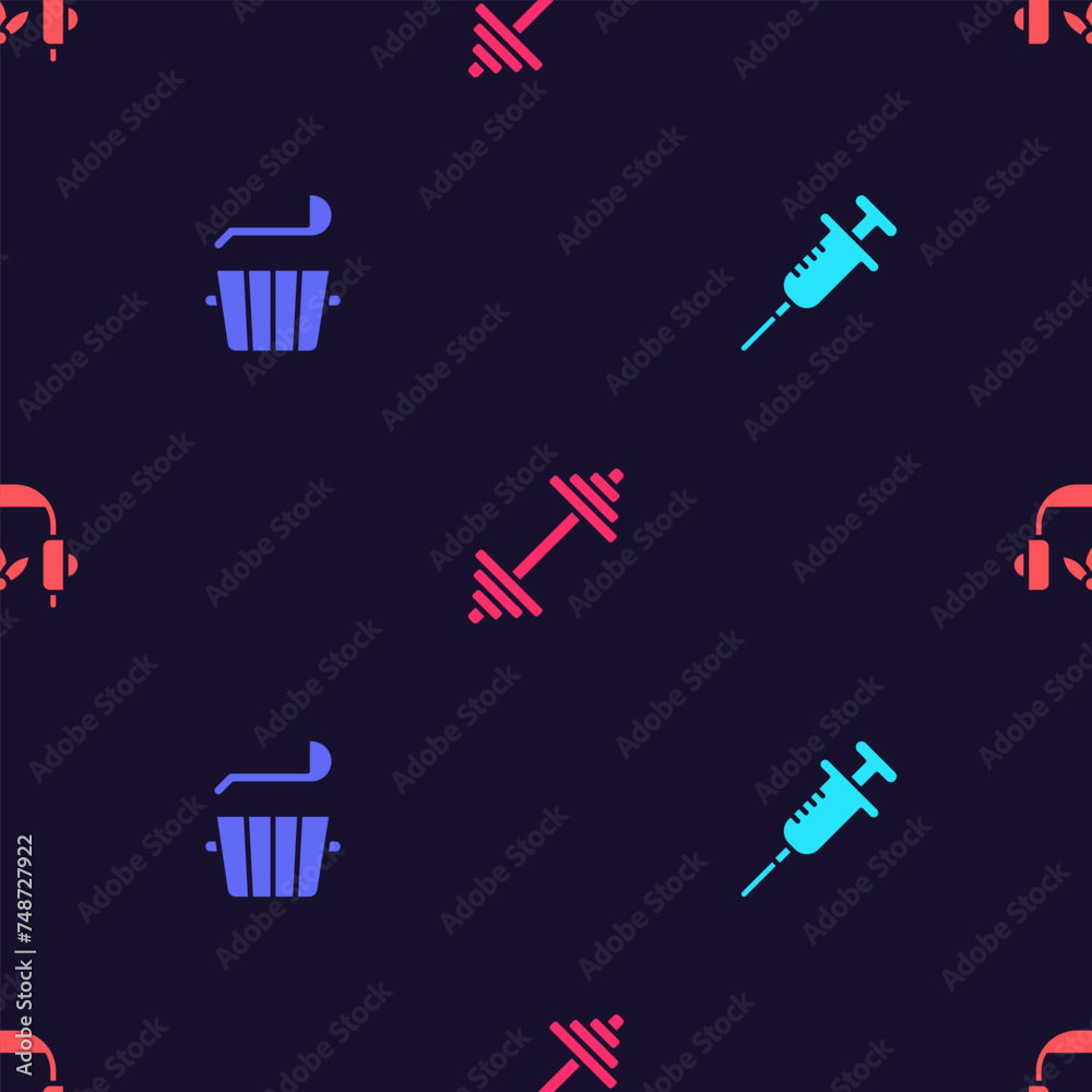 Canvas Prints set syringe, sauna bucket and ladle, dumbbell and headphones for meditation on seamless pattern. vec