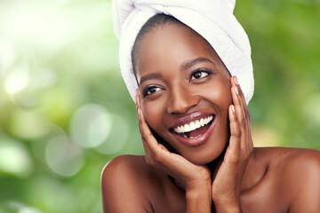 Woman, skincare and thinking of beauty on a green background with towel for dermatology and...