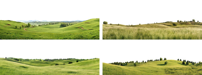 Set of rolling green hills adorned with lush trees, cut out