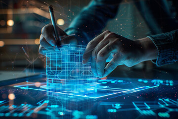 an architect drawing a building design in hologram form, workspace background, 3D rendering