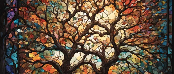 Papier Peint photo autocollant Coloré Colorful trees on a stained glass window, generative AI