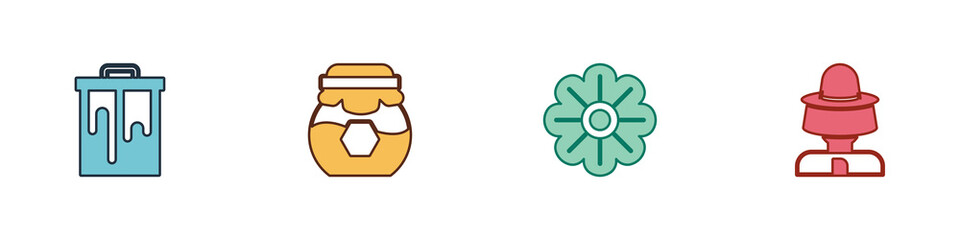 Set Honeycomb, Jar of honey, Flower and Beekeeper with protect hat icon. Vector