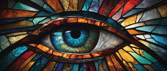 Beautiful eye embedded in stained glass, generative AI

