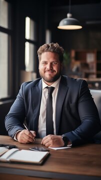 Plus sized  business man posing in his office.