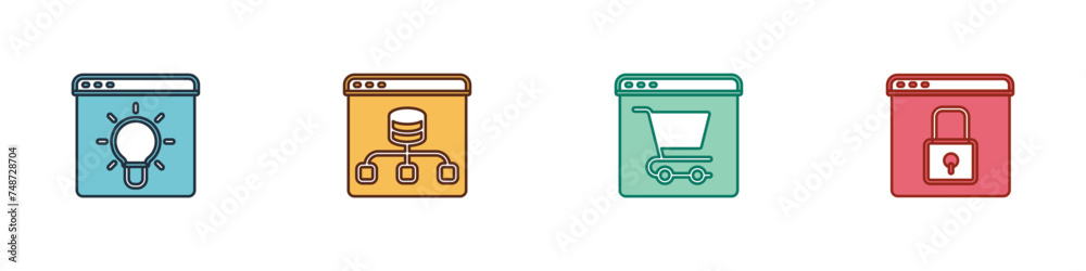 Poster set browser window, server, data, online shopping on screen and secure your site with https, ssl ico