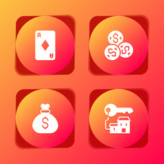 Set Playing card with diamonds, Casino chip dollar, Money bag and Winning house key icon. Vector